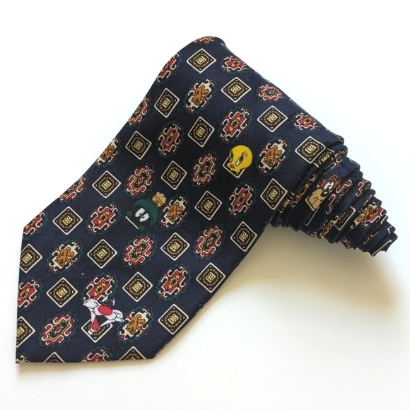 Looney Tunes Mania 1995 Vintage Funky Character & Motif Printed Neck Tie Navy - Picture 1 of 11